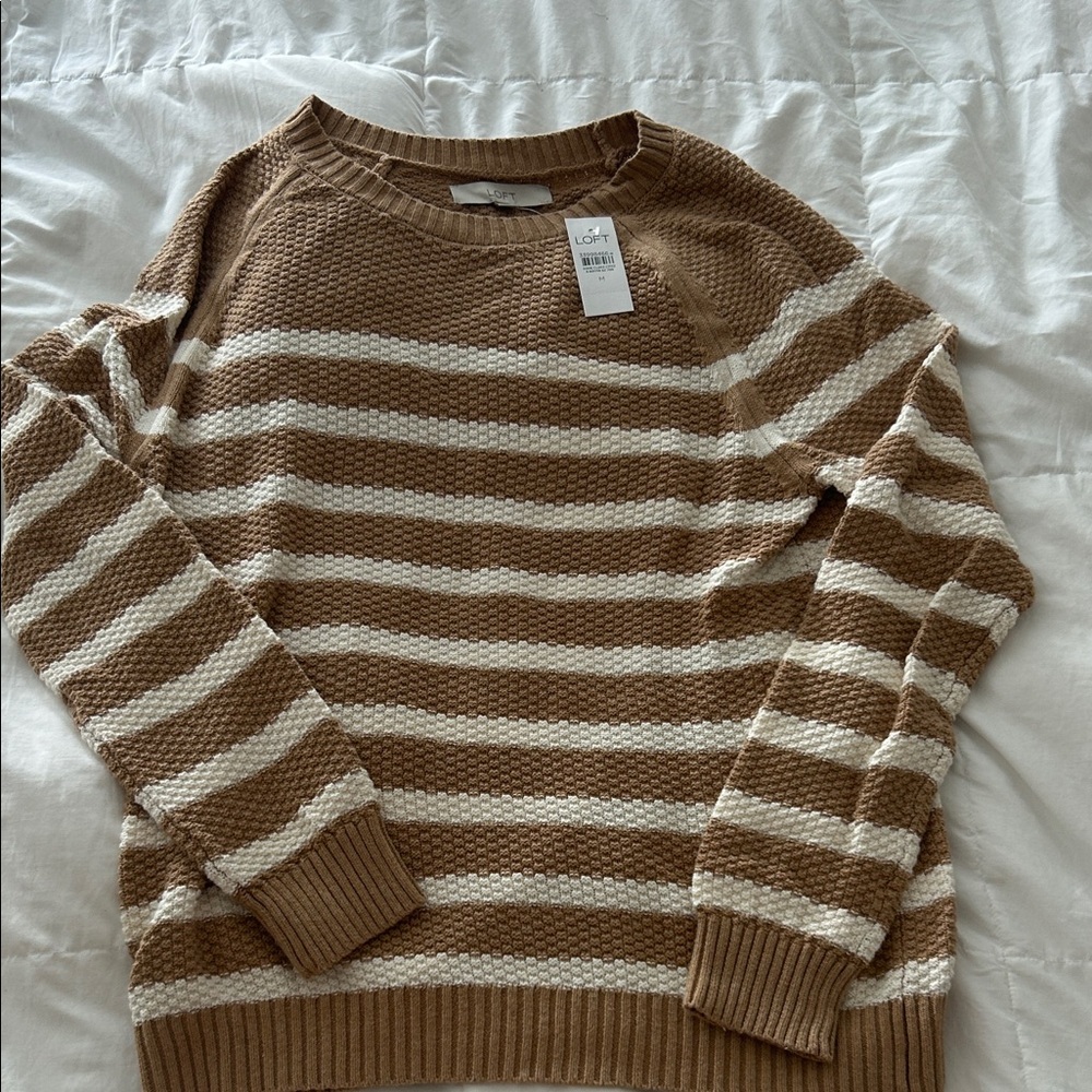 LOFT Light Brown / Camel and Cream Crew Neck Sweater with Stripes